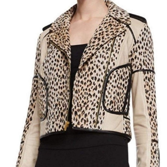 Diane Von Furstenberg DVF Theodora Leo Jacquard Leather Moto Jacket Cream Size 4 - Picture 2 of 16